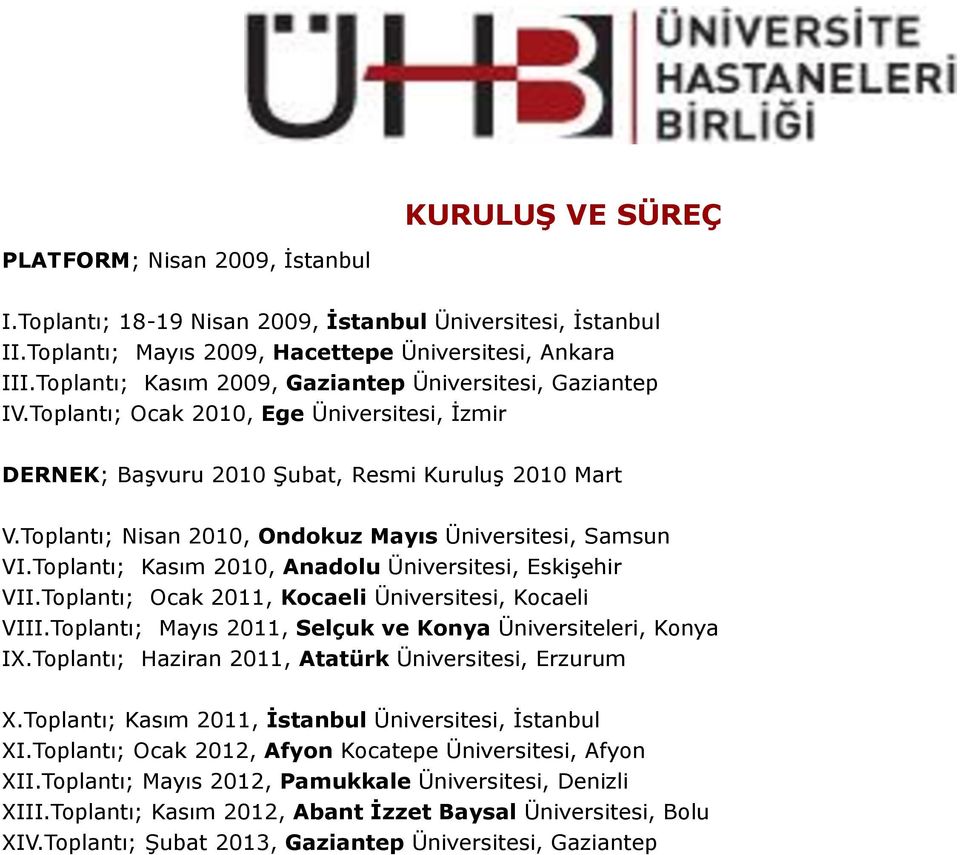 Toplantı; Nisan 2010, Ondokuz Mayıs Üniversitesi, Samsun VI.Toplantı; Kasım 2010, Anadolu Üniversitesi, Eskişehir VII.Toplantı; Ocak 2011, Kocaeli Üniversitesi, Kocaeli VIII.