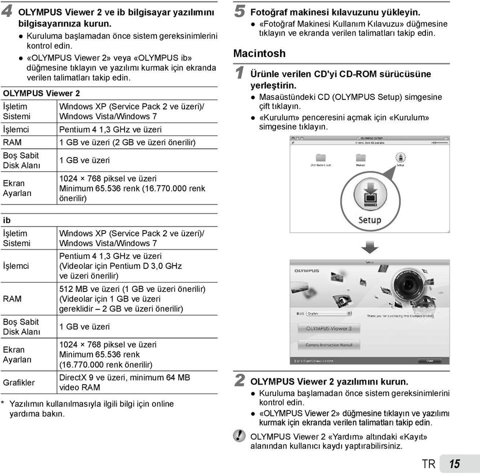 OLYMPUS Viewer 2 İşletim Sistemi İşlemci RAM Boş Sabit Disk Alanı Ekran Ayarları ib İşletim Sistemi İşlemci RAM Boş Sabit Disk Alanı Ekran Ayarları Grafikler Windows XP (Service Pack 2 ve üzeri)/
