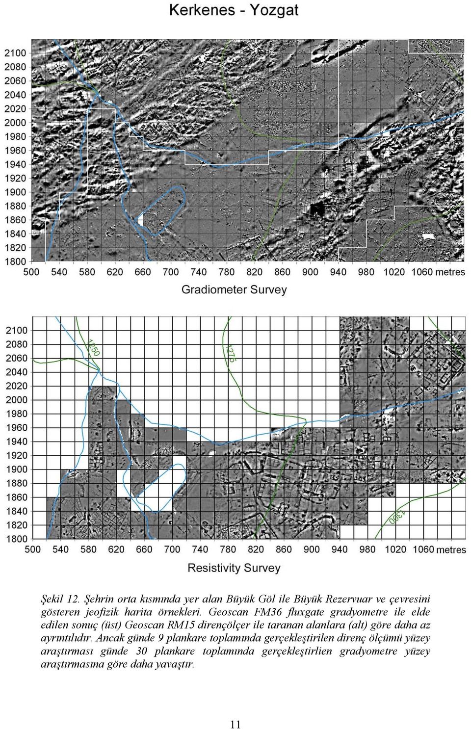 Geoscan FM36 fluxgate gradyometre ile elde edilen sonuç (üst) Geoscan RM15 dirençölçer ile taranan alanlara