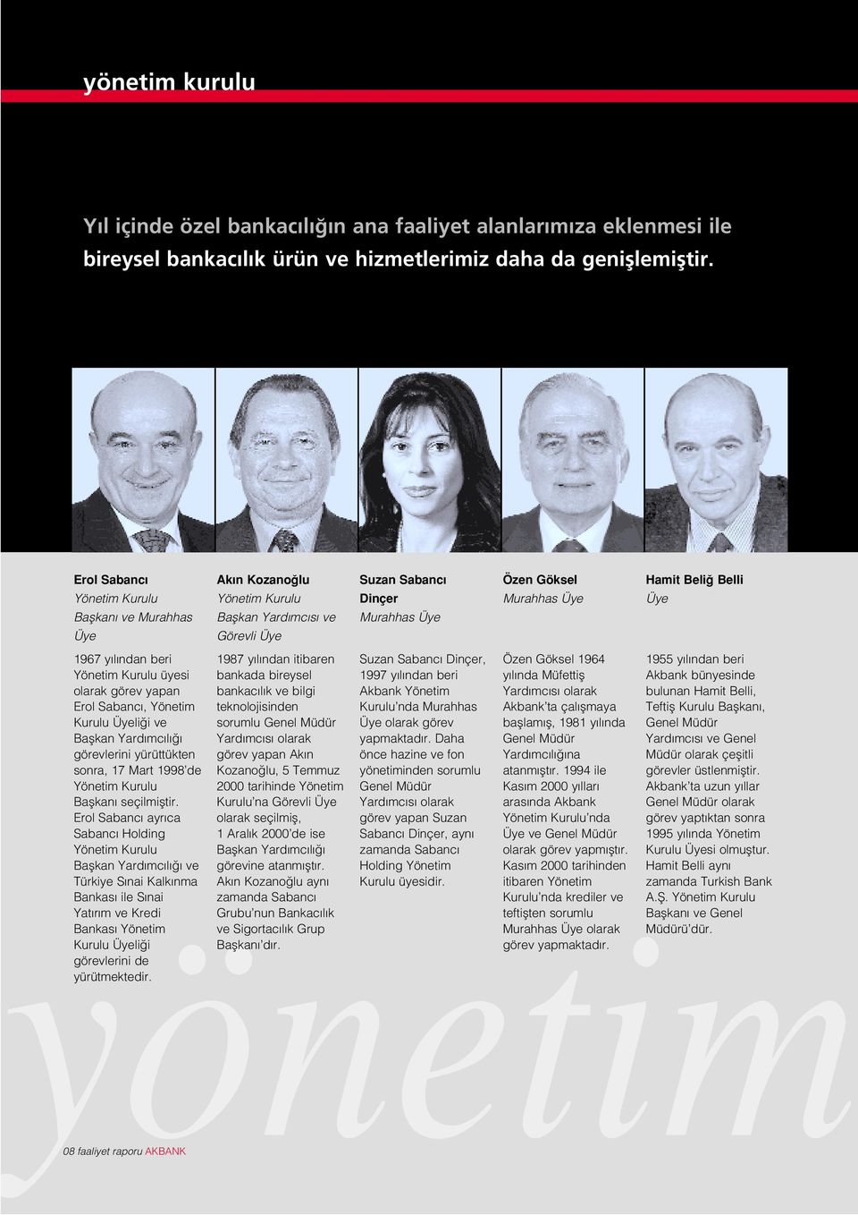 ndan beri 1987 y l ndan itibaren Suzan Sabanc Dinçer, Özen Göksel 1964 1955 y l ndan beri Yönetim Kurulu üyesi bankada bireysel 1997 y l ndan beri y l nda Müfettifl Akbank bünyesinde olarak görev