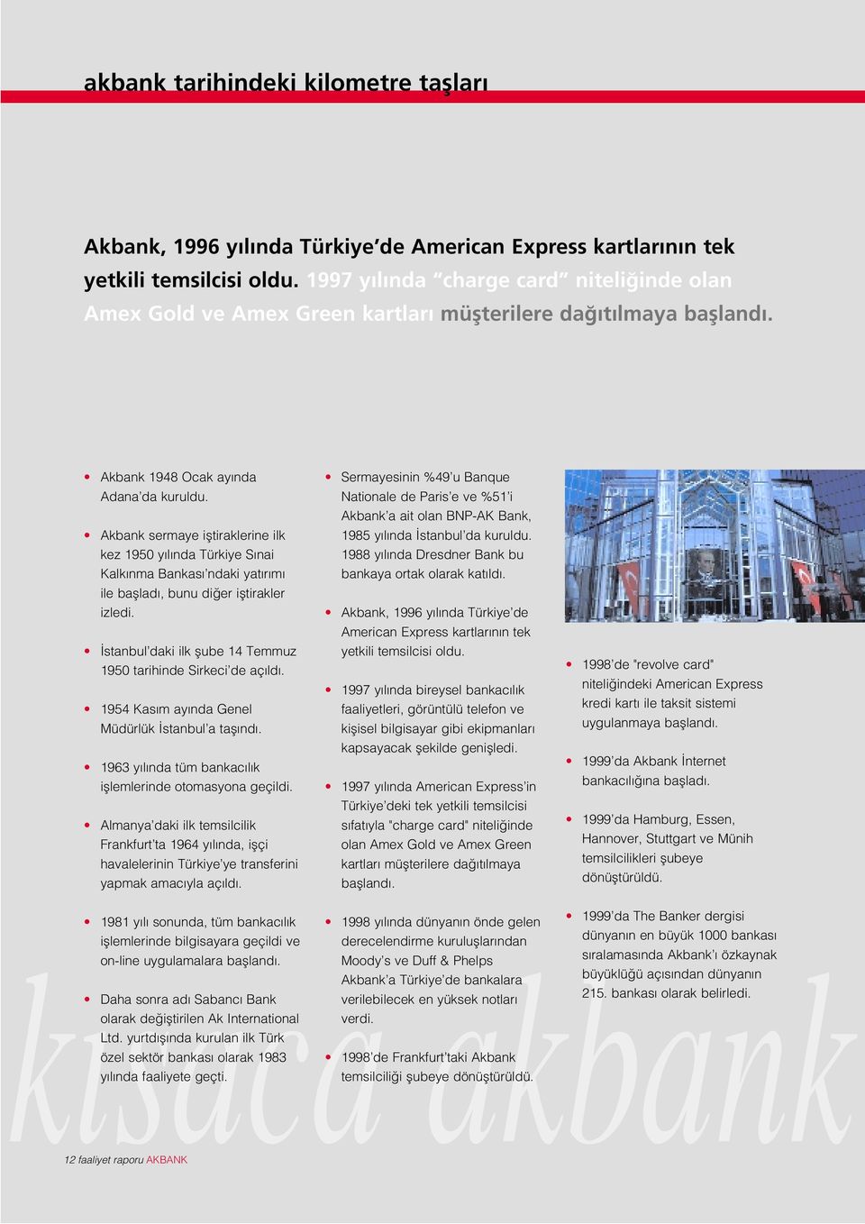 Akbank sermaye ifltiraklerine ilk kez 1950 y l nda Türkiye S nai Kalk nma Bankas ndaki yat r m ile bafllad, bunu di er ifltirakler izledi.