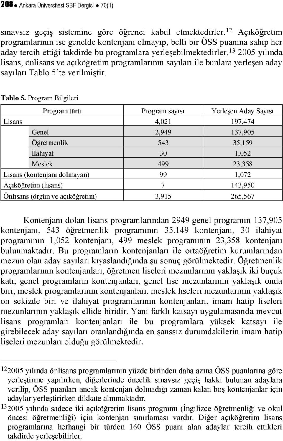 13 2005 yılında lisans, önlisans ve açıköğretim programlarının sayıları ile bunlara yerleşen aday sayıları Tablo 5 