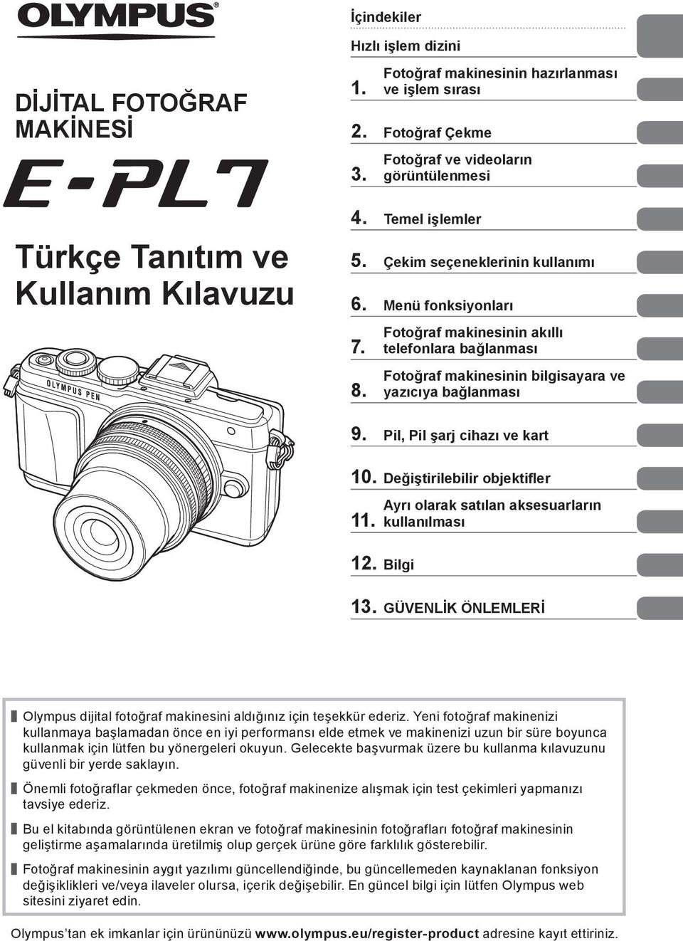 Fotoğraf makinesinin akıllı telefonlara bağlanması Fotoğraf makinesinin bilgisayara ve yazıcıya bağlanması 9. Pil, Pil şarj cihazı ve kart 0. Değiştirilebilir objektifler.