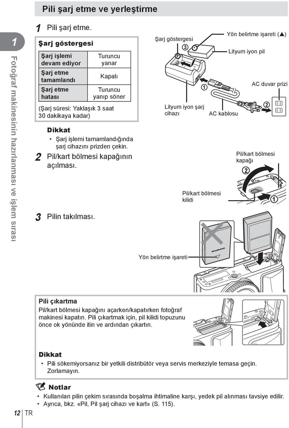 tamamlandığında şarj cihazını prizden çekin. 2 Pil/kart bölmesi kapağının açılması. 3 Pilin takılması.