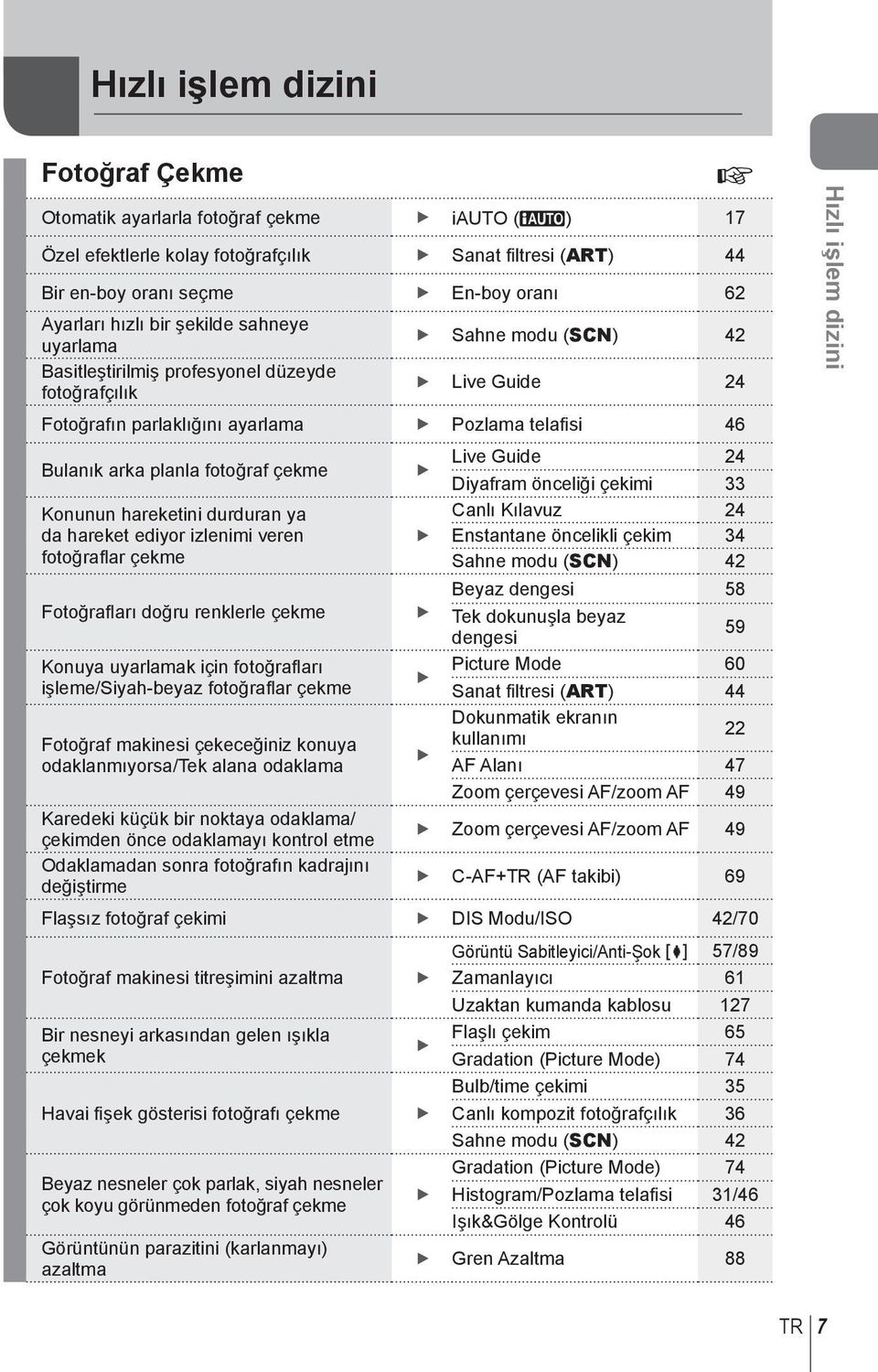 çekme Konunun hareketini durduran ya da hareket ediyor izlenimi veren fotoğrafl ar çekme Live Guide 24 Diyafram önceliği çekimi 33 Canlı Kılavuz 24 Enstantane öncelikli çekim 34 Sahne modu (SCN) 42