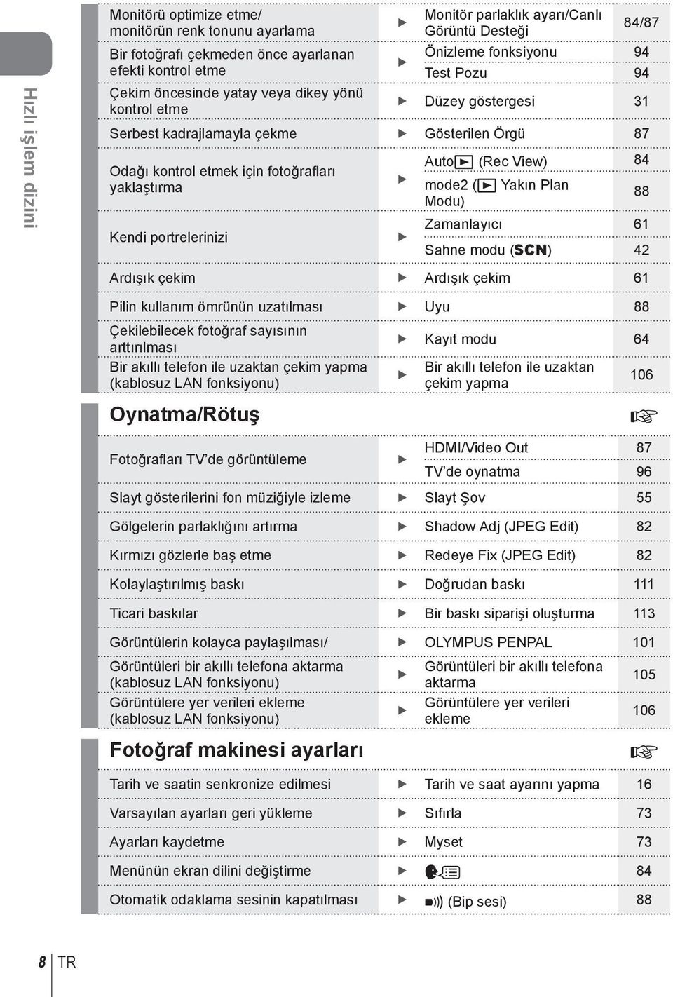 Autoq (Rec View) 84 mode2 (q Yakın Plan Modu) 88 Zamanlayıcı 6 Kendi portrelerinizi Sahne modu (SCN) 42 Ardışık çekim Ardışık çekim 6 Pilin kullanım ömrünün uzatılması Uyu 88 Çekilebilecek fotoğraf