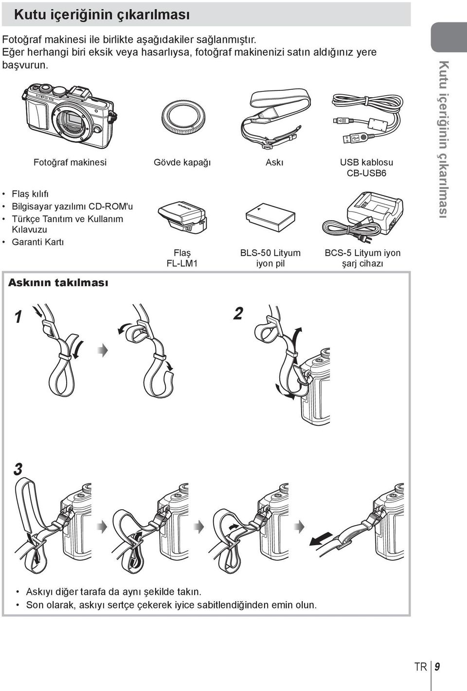 Fotoğraf makinesi Gövde kapağı Askı USB kablosu CB-USB6 Flaş kılıfı Bilgisayar yazılımı CD-ROM'u Türkçe Tanıtım ve Kullanım Kılavuzu