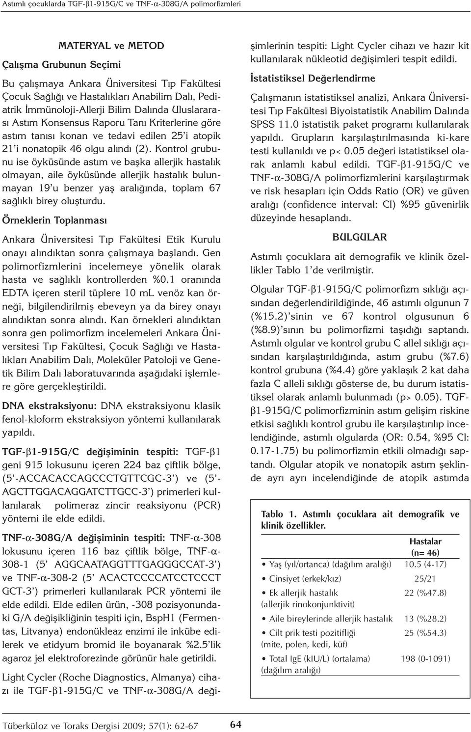 Kontrol grubunu ise öyküsünde astım ve başka allerjik hastalık olmayan, aile öyküsünde allerjik hastalık bulunmayan 19 u benzer yaş aralığında, toplam 67 sağlıklı birey oluşturdu.