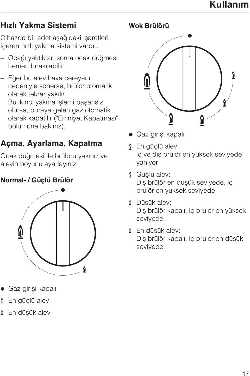 Bu ikinci yakma iþlemi baþarýsýz olursa, buraya gelen gaz otomatik olarak kapatýlýr ("Emniyet Kapatmasý" bölümüne bakýnýz).