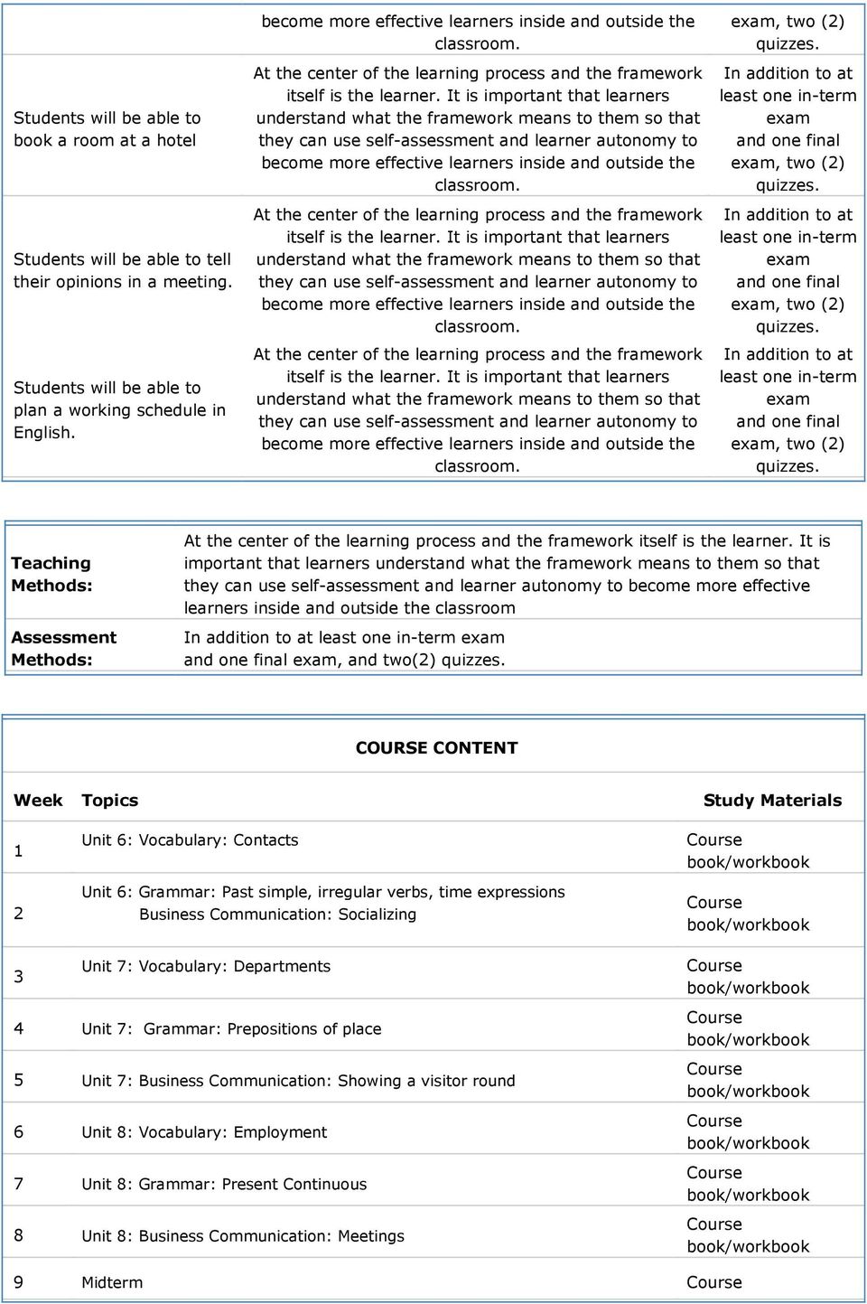 they can use self-assessment and learner autonomy to  Teaching Methods: Assessment Methods: itself is the learner.