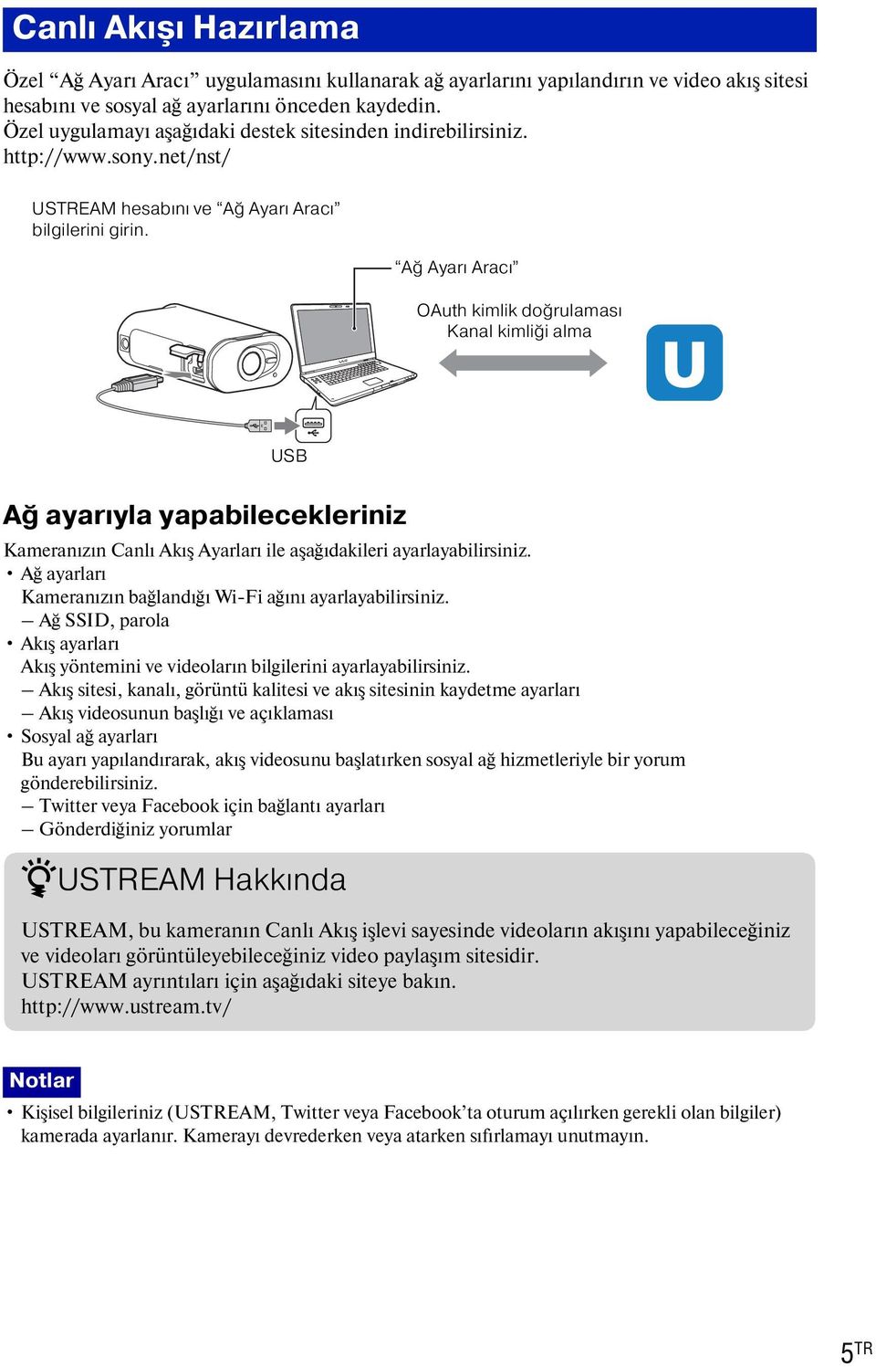 Ağ Ayarı Aracı OAuth kimlik doğrulaması Kanal kimliği alma USB Ağ ayarıyla yapabilecekleriniz Kameranızın Canlı Akış Ayarları ile aşağıdakileri ayarlayabilirsiniz.