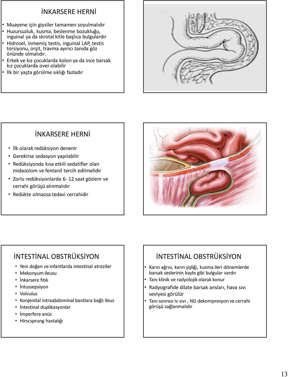 Erkek ve kız çocuklarda kolon ya da ince barsak kız çocuklarda over olabilir İlk bir yaşta görülme sıklığı fazladır İNKARSERE HERNİ İlk olarak redüksiyon denenir Gerekirse sedasyon yapılabilir