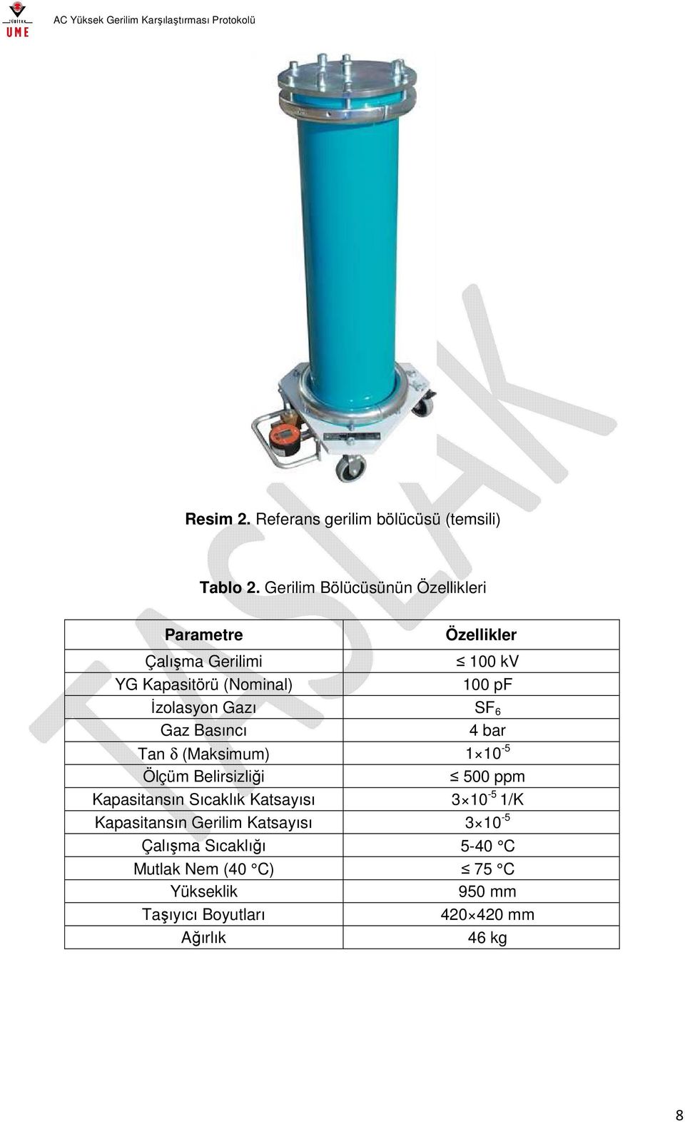 İzolasyon Gazı SF 6 Gaz Basıncı 4 bar Tan δ (Maksimum) 1 10-5 Ölçüm Belirsizliği 500 ppm Kapasitansın Sıcaklık