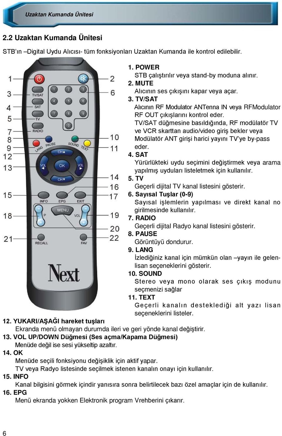 TV/SAT düğmesine basıldığında, RF modülatör TV ve VCR skarttan audio/video giriş bekler veya Modülatör ANT girişi harici yayını TV ye by-pass eder. 4.