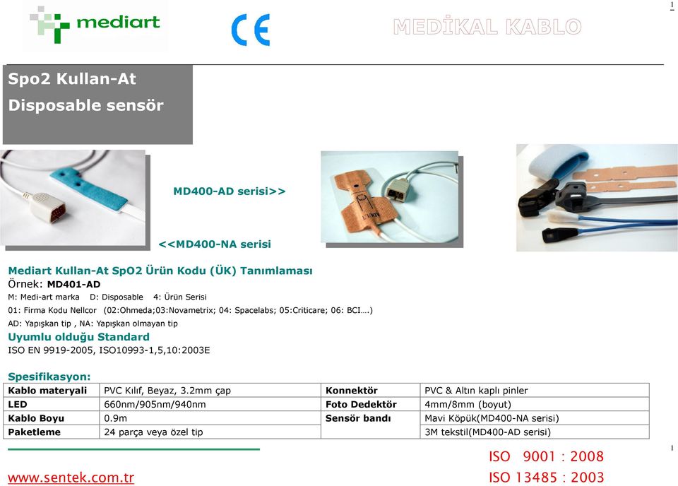 ) AD: Yapışkan tip, NA: Yapışkan olmayan tip Uyumlu olduğu Standard ISO EN 9919-2005, ISO10993-1,5,10:2003E Spesifikasyon: Kablo materyali PVC Kılıf, Beyaz, 3.