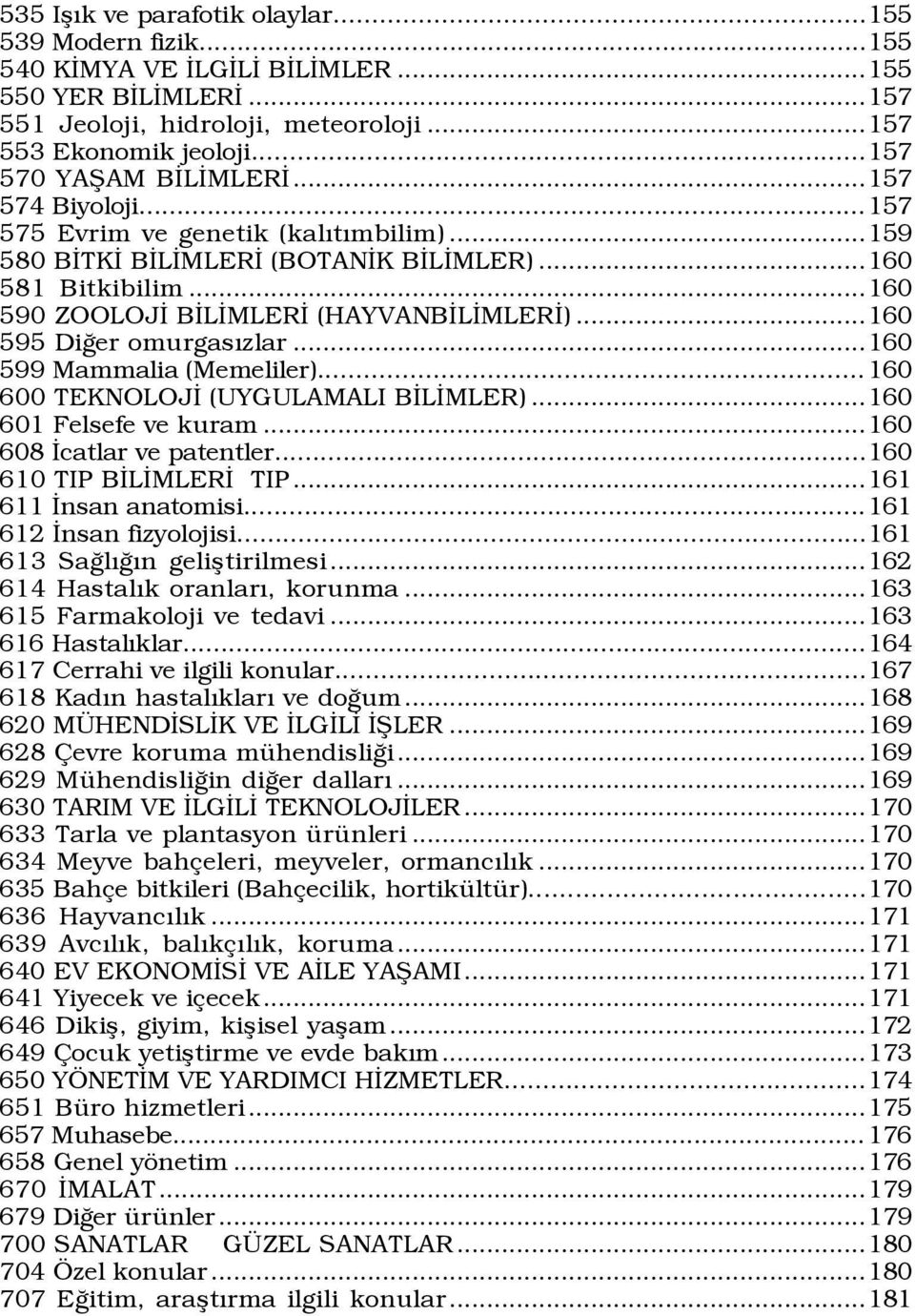 ..160 595 DiÛer omurgasýzlar...160 599 Mammalia (Memeliler)... 160 600 TEKNOLOJÜ (UYGULAMALI BÜLÜMLER)...160 601 Felsefe ve kuram...160 608 Ücatlar ve patentler...160 610 TIP BÜLÜMLERÜ TIP.