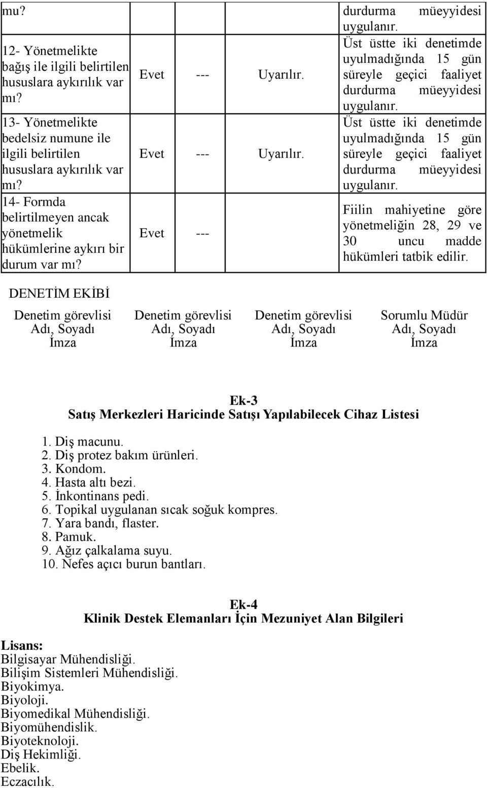 Evet --- durdurma müeyyidesi Fiilin mahiyetine göre yönetmeliğin 28, 29 ve 30 uncu madde hükümleri tatbik edilir.