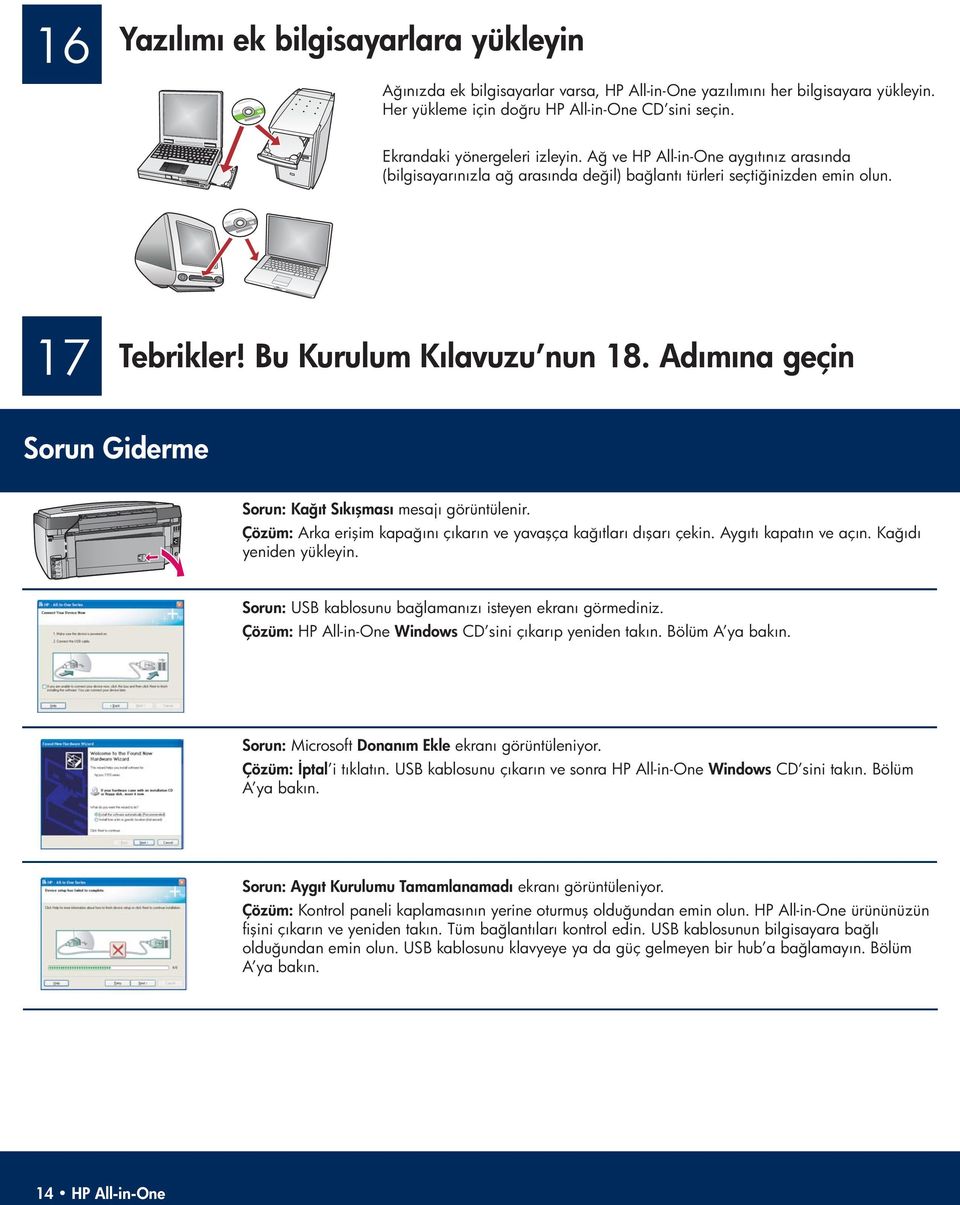 Adımına geçin Sorun Giderme Sorun: Kağıt Sıkışması mesajı görüntülenir. Çözüm: Arka erişim kapağını çıkarın ve yavaşça kağıtları dışarı çekin. Aygıtı kapatın ve açın. Kağıdı yeniden yükleyin.