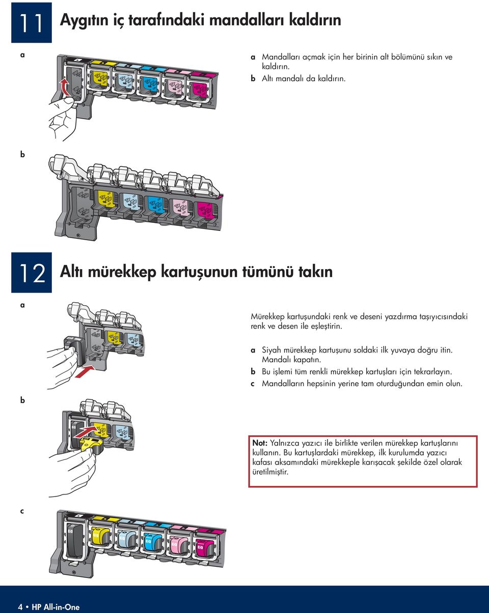 a Siyah mürekkep kartuşunu soldaki ilk yuvaya doğru itin. Mandalı kapatın. b Bu işlemi tüm renkli mürekkep kartuşları için tekrarlayın.
