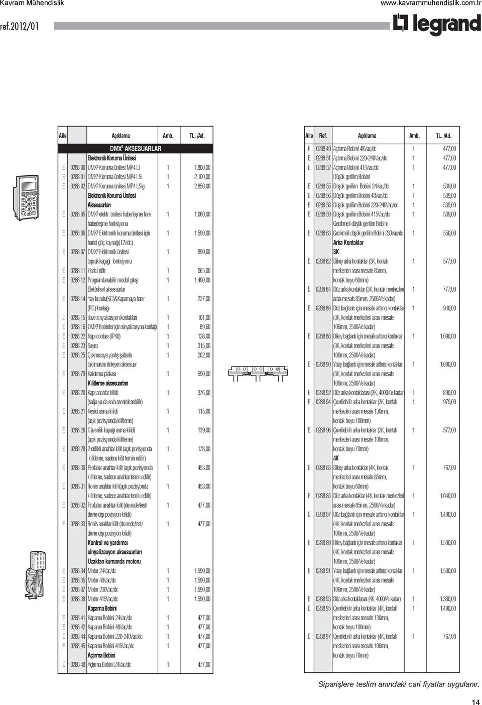 850,00 E 0288 55 Düşük gerilim Bobini 24Vac/dc 1 539,00 Elektronik Koruma Ünitesi E 0288 56 Düşük gerilim Bobini 48Vac/dc 1 539,00 Aksesuarları E 0288 58 Düşük gerilim Bobini 220-240Vac/dc 1 539,00 E