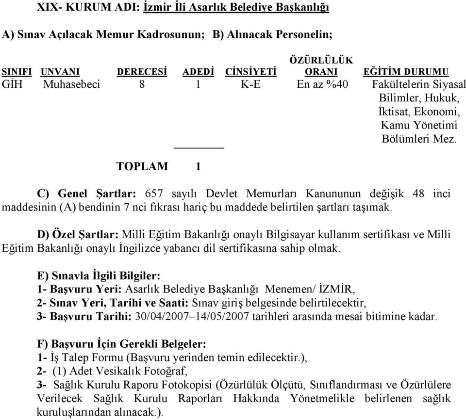 kullanım sertifikası ve Milli Eğitim Bakanlığı onaylı Đngilizce yabancı dil sertifikasına sahip olmak.