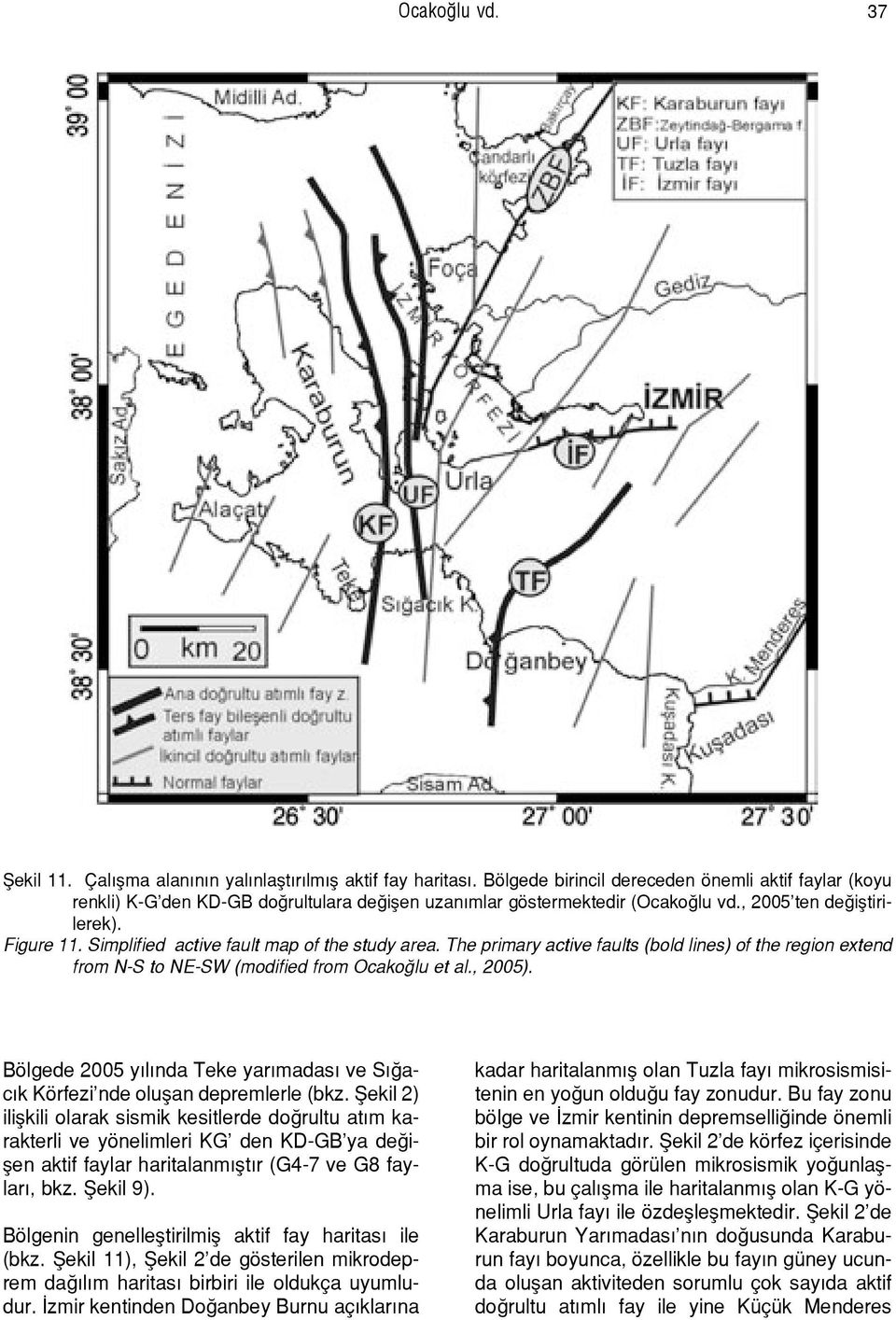 Simplified active fault map of the study area. The primary active faults (bold lines) of the region extend from N-S to NE-SW (modified from Ocako lu et al., 2005).