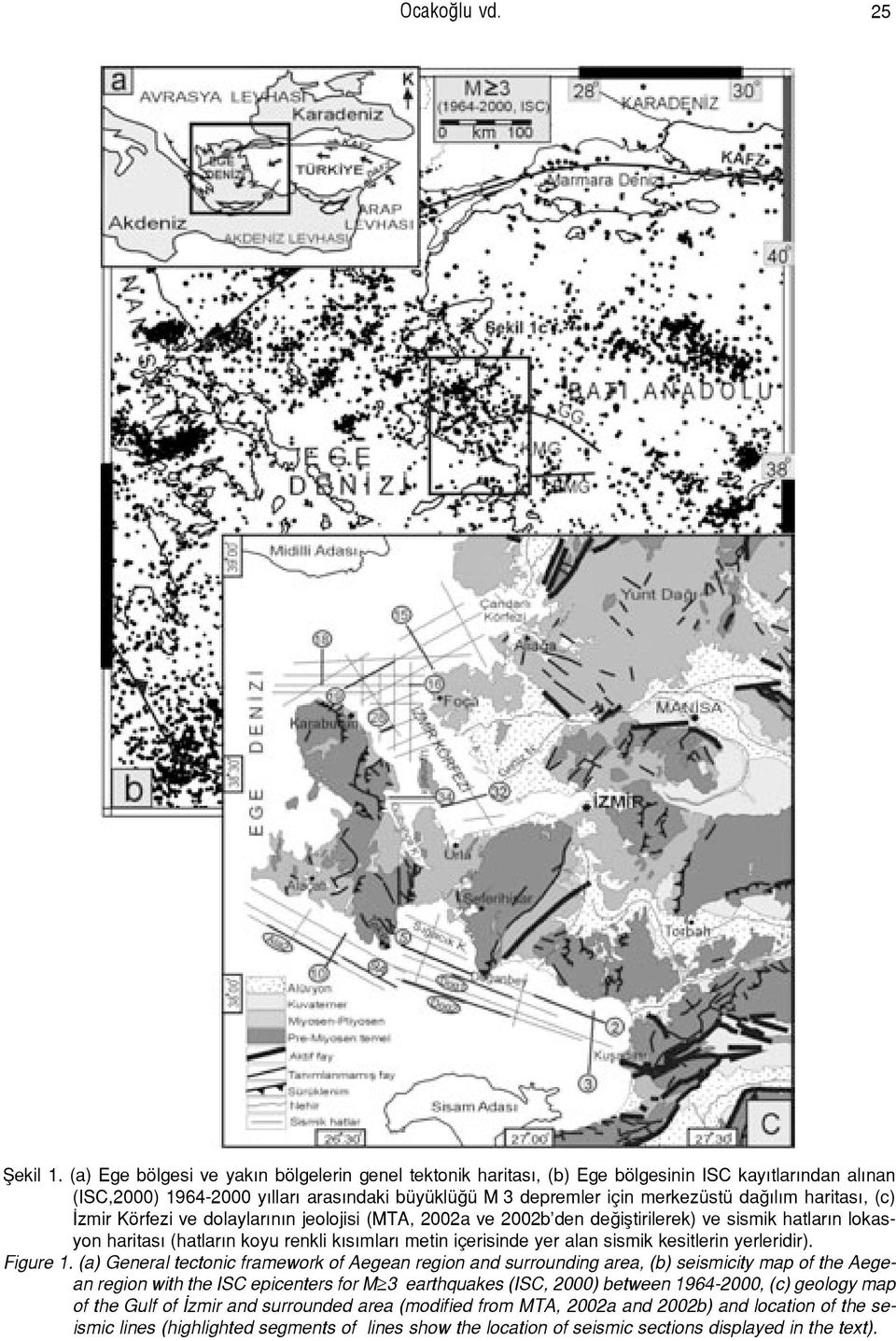 (c) zmir Körfezi ve dolaylar n n jeolojisi (MTA, 2002a ve 2002b den de ifltirilerek) ve sismik hatlar n lokasyon haritas (hatlar n koyu renkli k s mlar metin içerisinde yer alan sismik kesitlerin