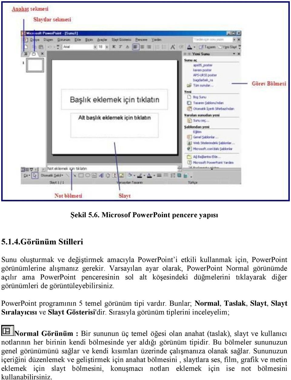 PowerPoint programının 5 temel görünüm tipi vardır. Bunlar; Normal, Taslak, Slayt, Slayt Sıralayıcısı ve Slayt Gösterisi'dir.