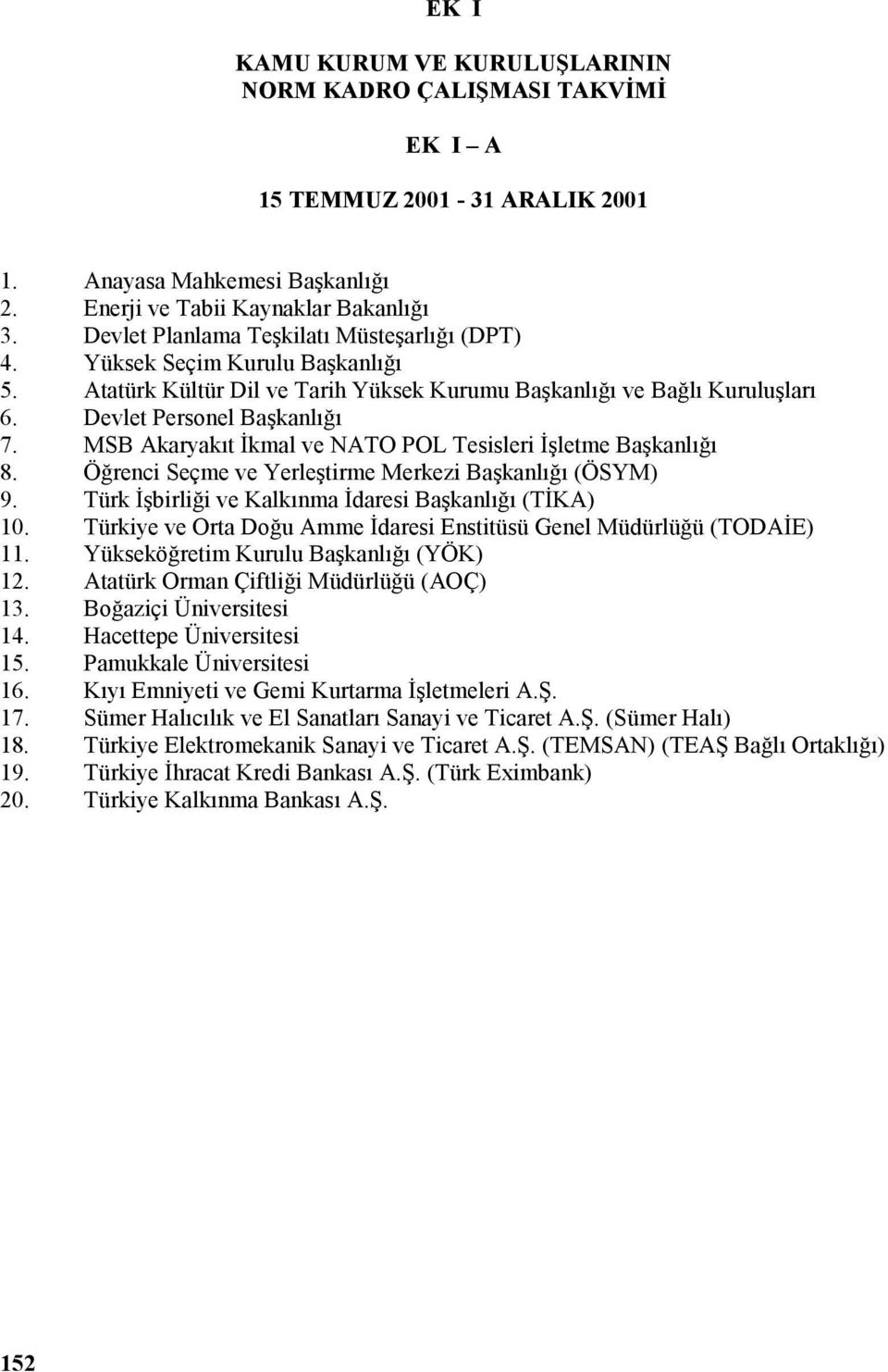 MSB Akaryakıt İkmal ve NATO POL Tesisleri İşletme Başkanlığı 8. Öğrenci Seçme ve Yerleştirme Merkezi Başkanlığı (ÖSYM) 9. Türk İşbirliği ve Kalkınma İdaresi Başkanlığı (TİKA) 10.