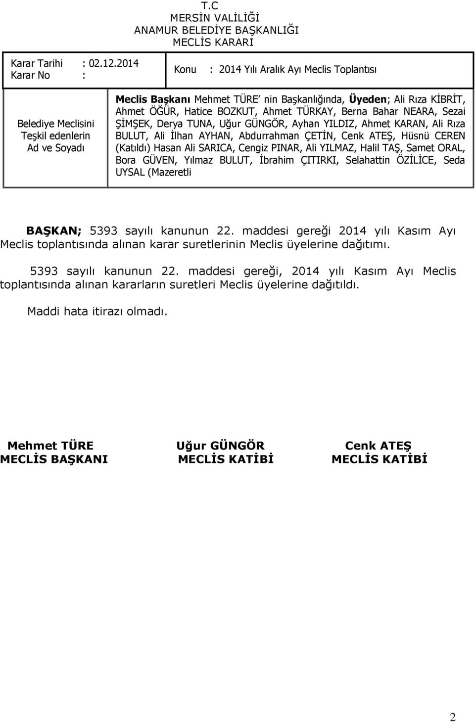 maddesi gereği 2014 yılı Kasım Ayı Meclis toplantısında alınan karar suretlerinin Meclis üyelerine dağıtımı.