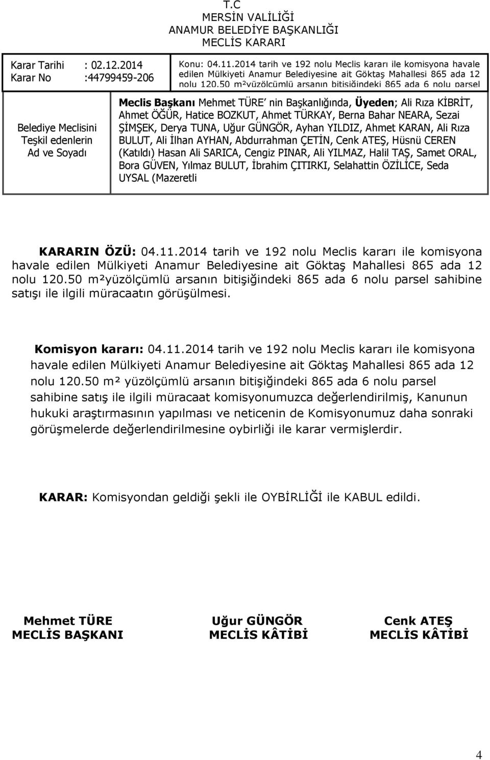 2014 tarih ve 192 nolu Meclis kararı ile komisyona havale edilen Mülkiyeti Anamur Belediyesine ait GöktaĢ Mahallesi 865 ada 12 nolu 120.