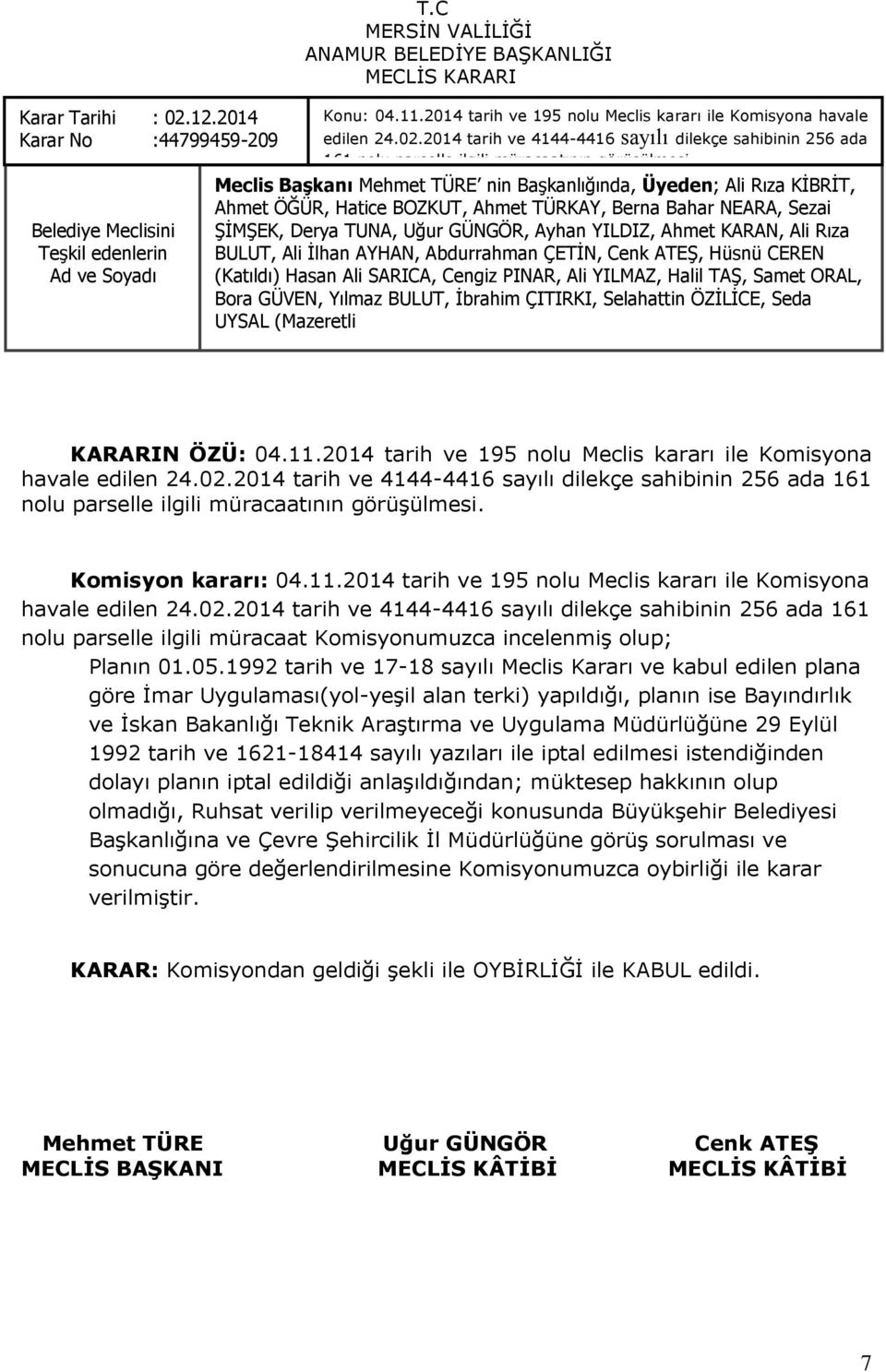 Komisyon kararı: 04.11.2014 tarih ve 195 nolu Meclis kararı ile Komisyona havale edilen 24.02.