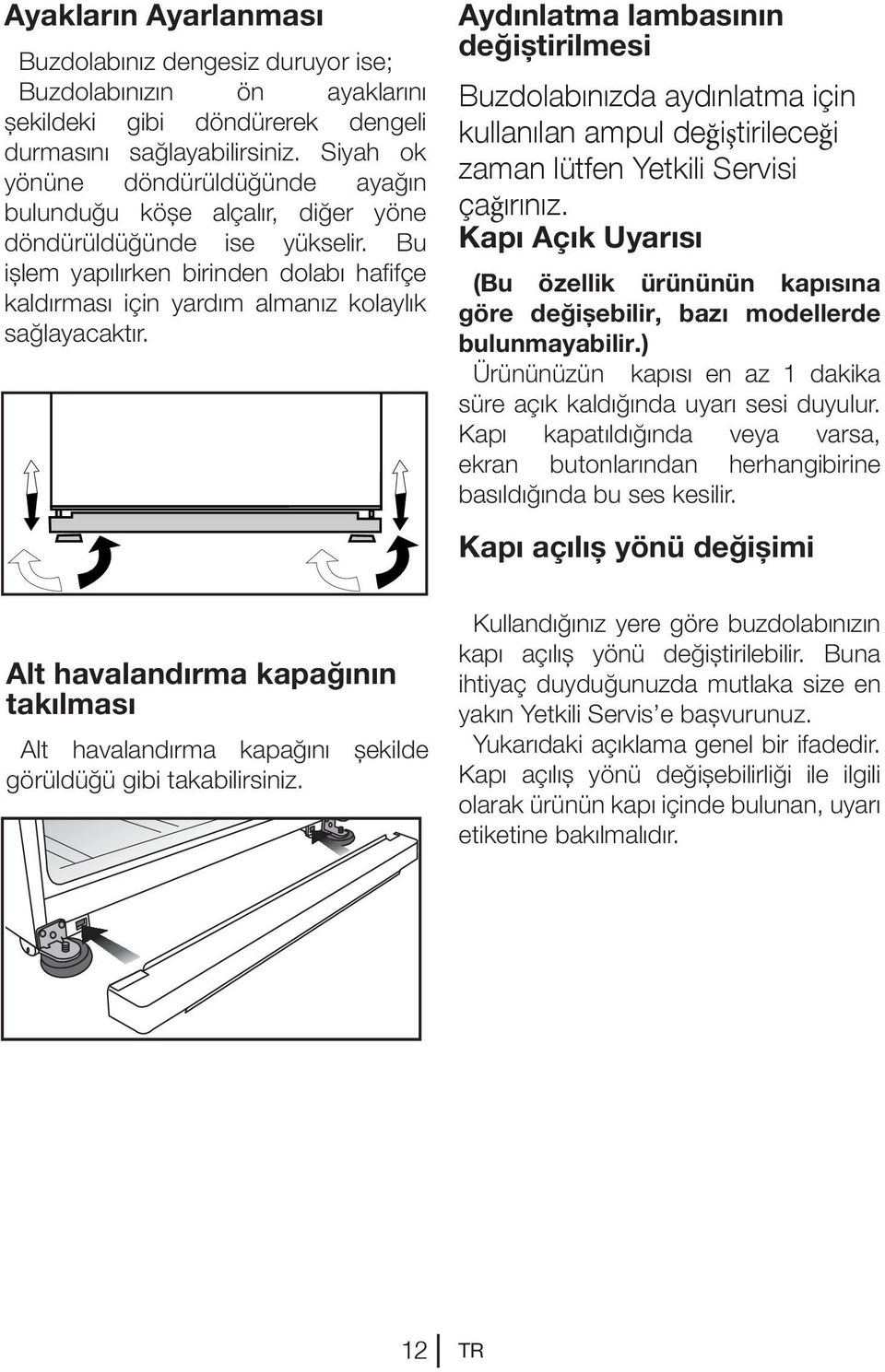 Bu işlem yapılırken birinden dolabı hafifçe kaldırması için yardım almanız kolaylık sağlayacaktır. Alt havalandırma kapağının takılması Alt havalandırma kapağını şekilde görüldüğü gibi takabilirsiniz.