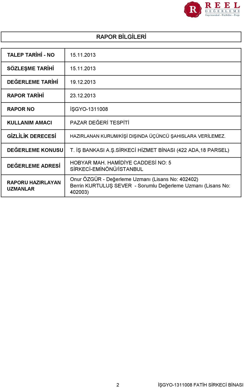 2013 İŞGYO-1311008 PAZAR DEĞERİ TESPİTİ HAZIRLANAN KURUM/KİŞİ DIŞINDA ÜÇÜNCÜ ŞAHISLARA VERİLEMEZ. T. İŞ BANKASI A.Ş.SİRKECİ HİZMET BİNASI (422 ADA,18 PARSEL) HOBYAR MAH.