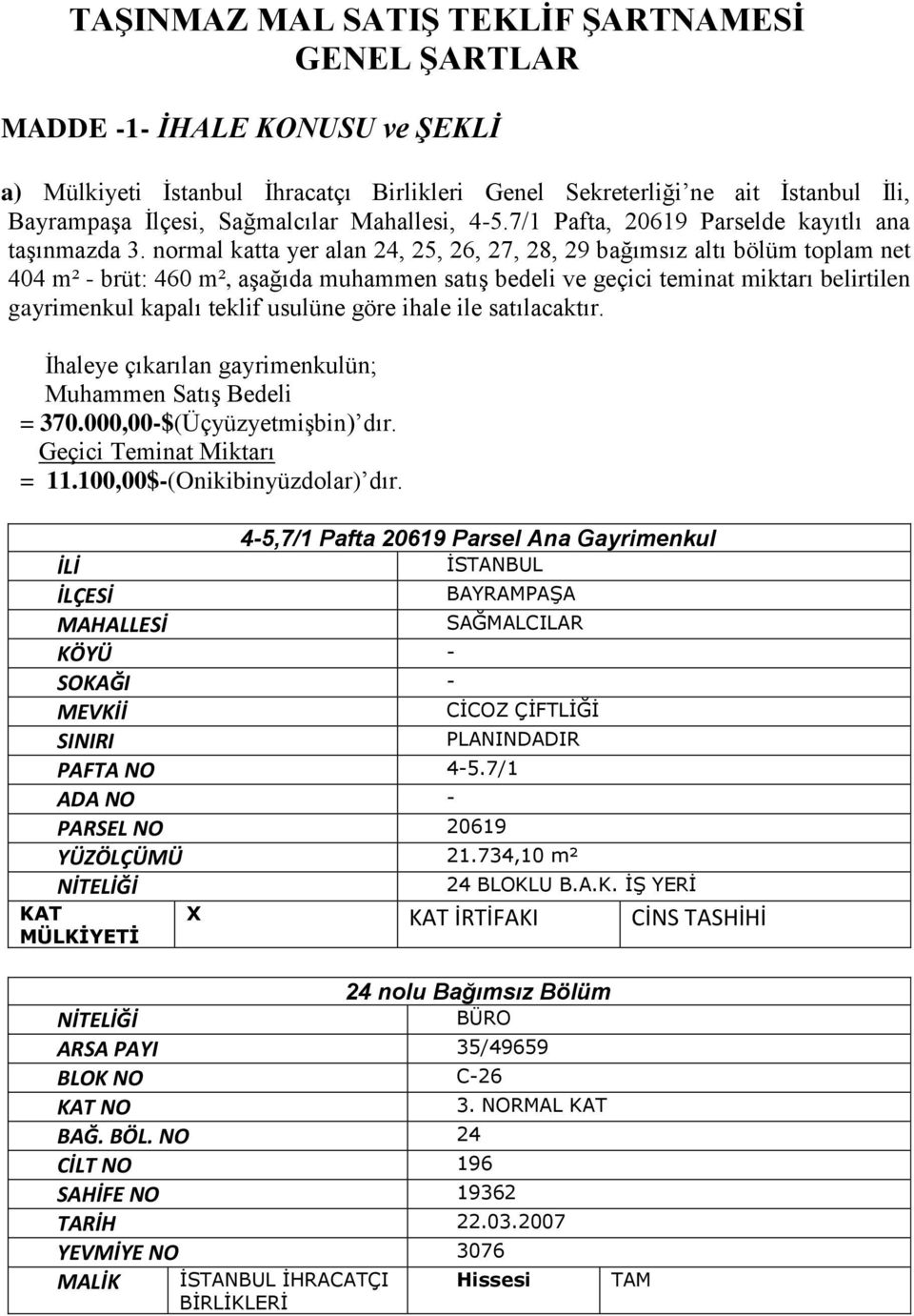 normal katta yer alan 24, 25, 26, 27, 28, 29 bağımsız altı bölüm toplam net 404 m² - brüt: 460 m², aşağıda muhammen satış bedeli ve geçici teminat miktarı belirtilen gayrimenkul kapalı teklif usulüne