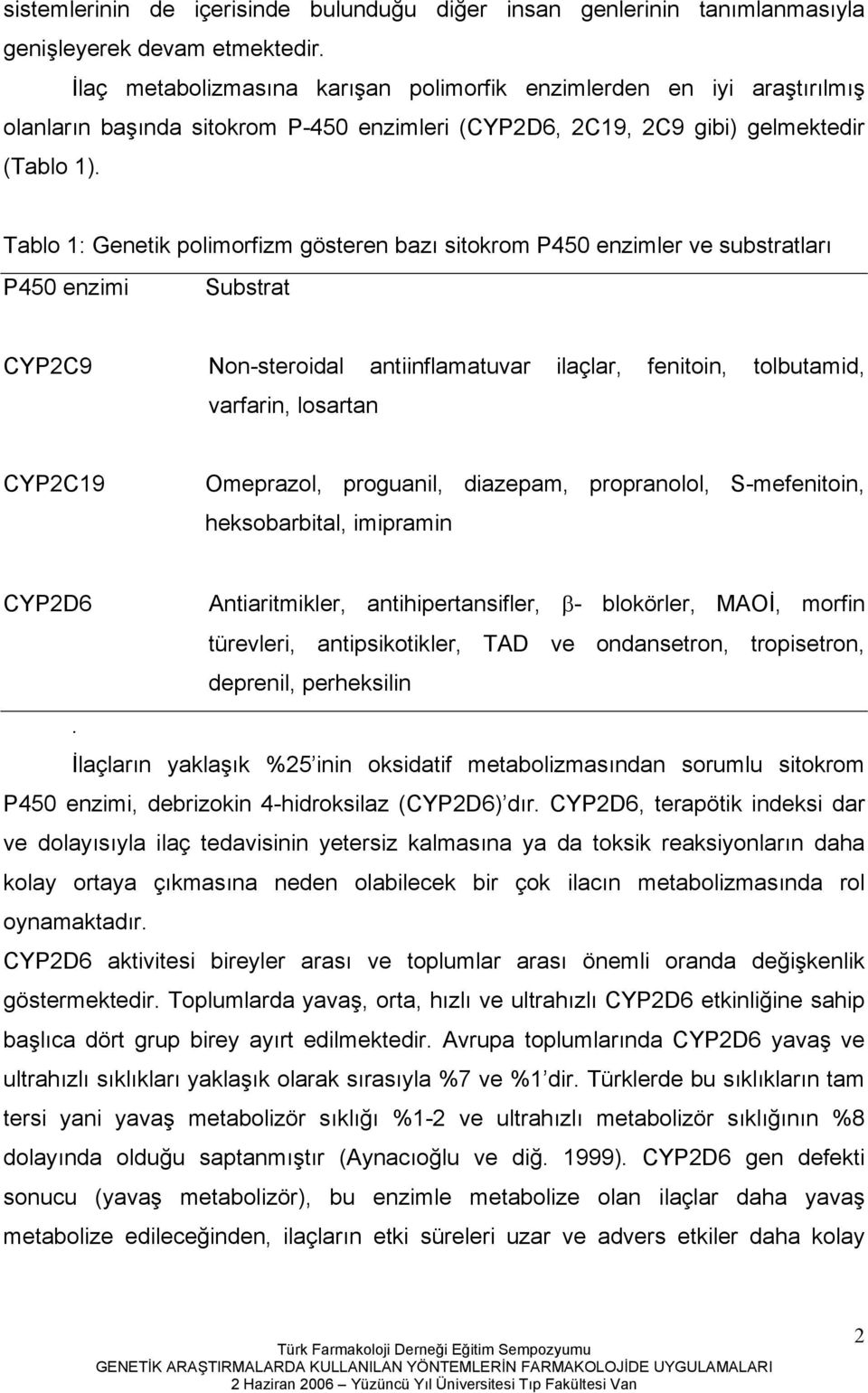 Tablo 1: Genetik polimorfizm gösteren bazı sitokrom P450 enzimler ve substratları P450 enzimi Substrat CYP2C9 Non-steroidal antiinflamatuvar ilaçlar, fenitoin, tolbutamid, varfarin, losartan CYP2C19