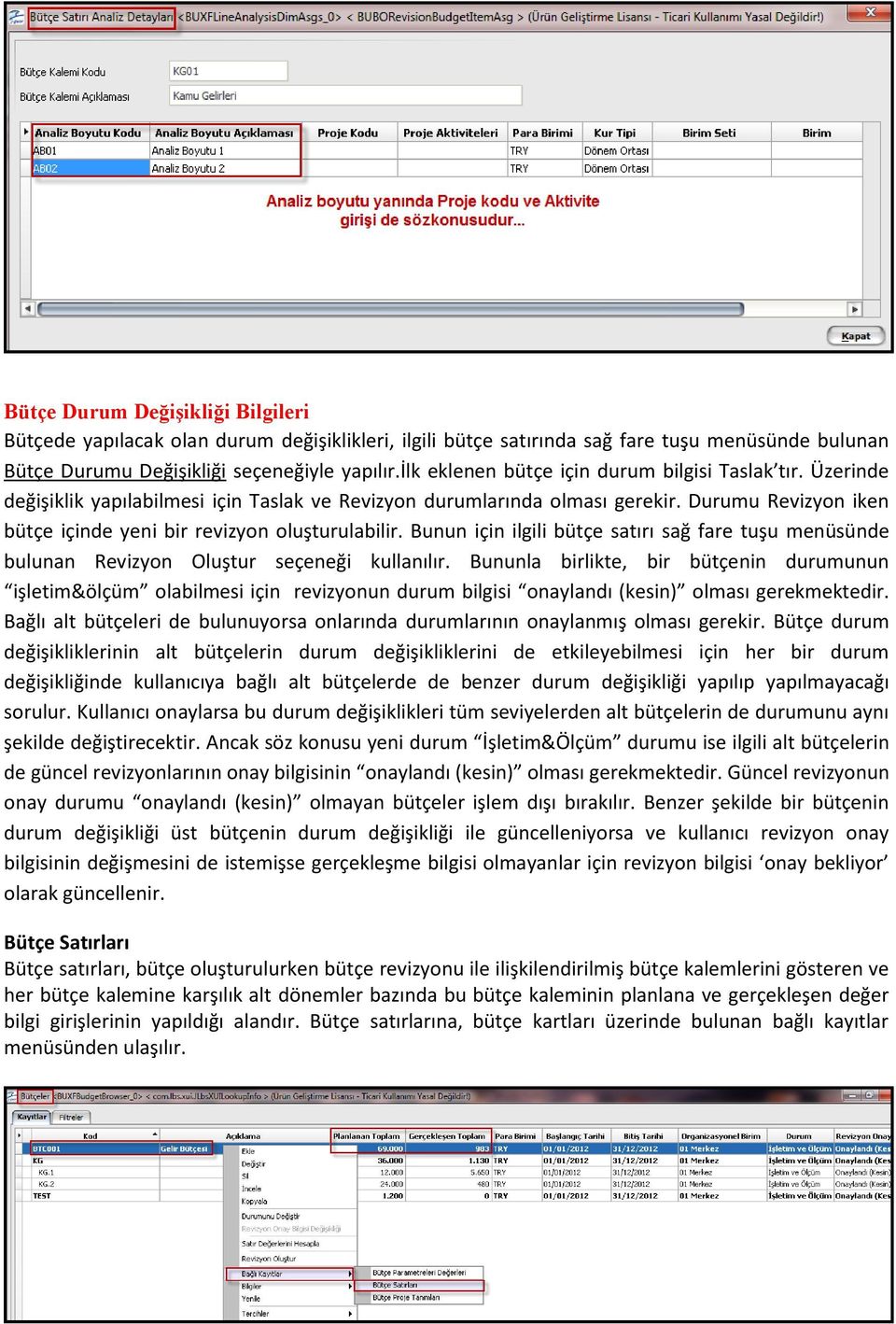 Durumu Revizyon iken bütçe içinde yeni bir revizyon oluşturulabilir. Bunun için ilgili bütçe satırı sağ fare tuşu menüsünde bulunan Revizyon Oluştur seçeneği kullanılır.