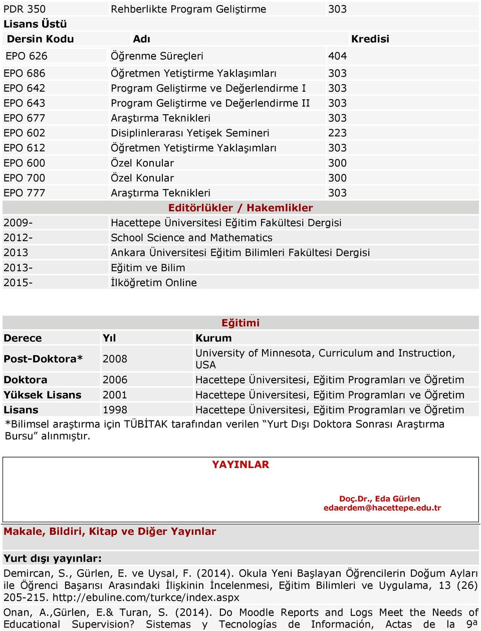 300 EPO 700 Özel Konular 300 EPO 777 Araştırma Teknikleri 303 Editörlükler / Hakemlikler 2009- Hacettepe Üniversitesi Eğitim Fakültesi Dergisi 2012- School Science and Mathematics 2013 Ankara