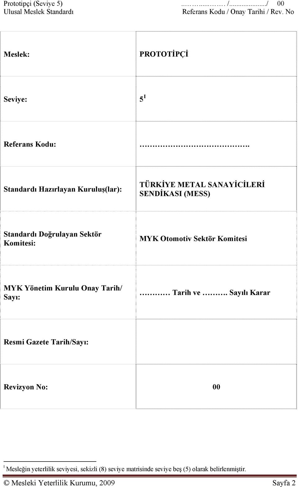 MYK Otomotiv Sektör Komitesi MYK Yönetim Kurulu Onay Tarih/ Sayı: Tarih ve.