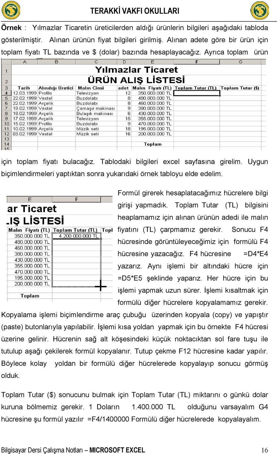 Uygun biçimlendirmeleri yaptıktan sonra yukarıdaki örnek tabloyu elde edelim. Formül girerek hesaplatacağımız hücrelere bilgi girişi yapmadık.