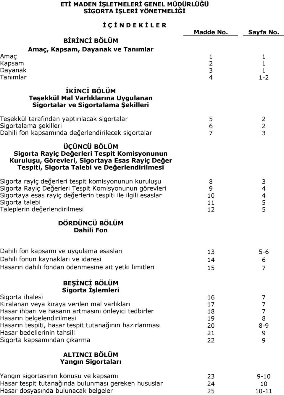 yaptırılacak sigortalar 5 2 Sigortalama şekilleri 6 2 Dahili fon kapsamında değerlendirilecek sigortalar 7 3 ÜÇÜNCÜ BÖLÜM Sigorta Rayiç Değerleri Tespit Komisyonunun Kuruluşu, Görevleri, Sigortaya