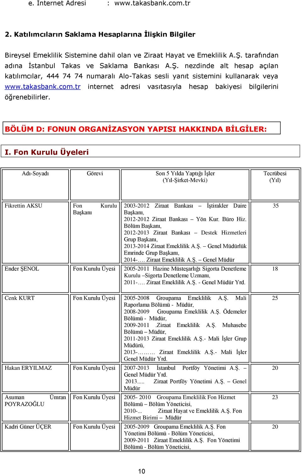 tr internet adresi vasıtasıyla hesap bakiyesi bilgilerini öğrenebilirler. BÖLÜM D: FONUN ORGANİZASYON YAPISI HAKKINDA BİLGİLER: I.