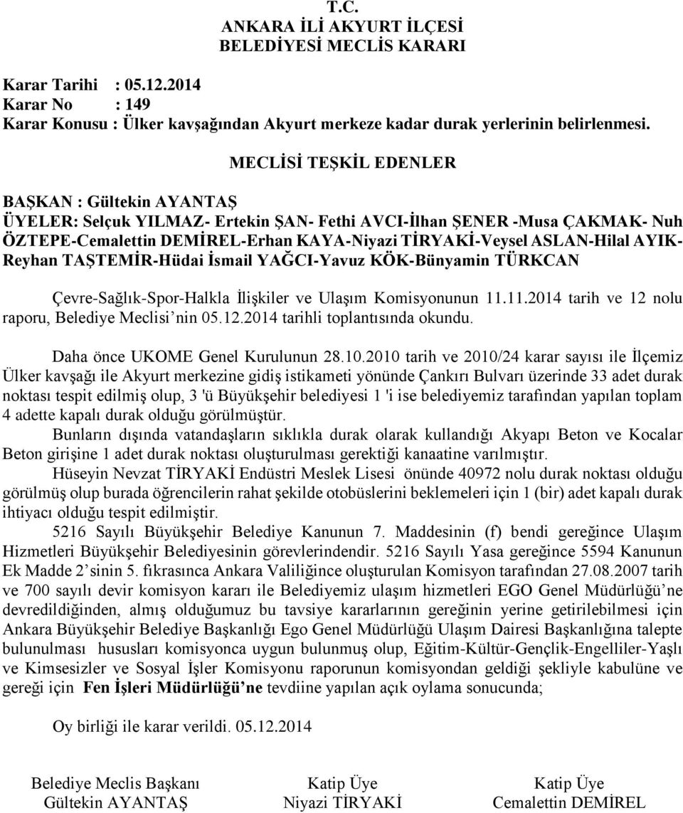 2010 tarih ve 2010/24 karar sayısı ile İlçemiz Ülker kavşağı ile Akyurt merkezine gidiş istikameti yönünde Çankırı Bulvarı üzerinde 33 adet durak noktası tespit edilmiş olup, 3 'ü Büyükşehir