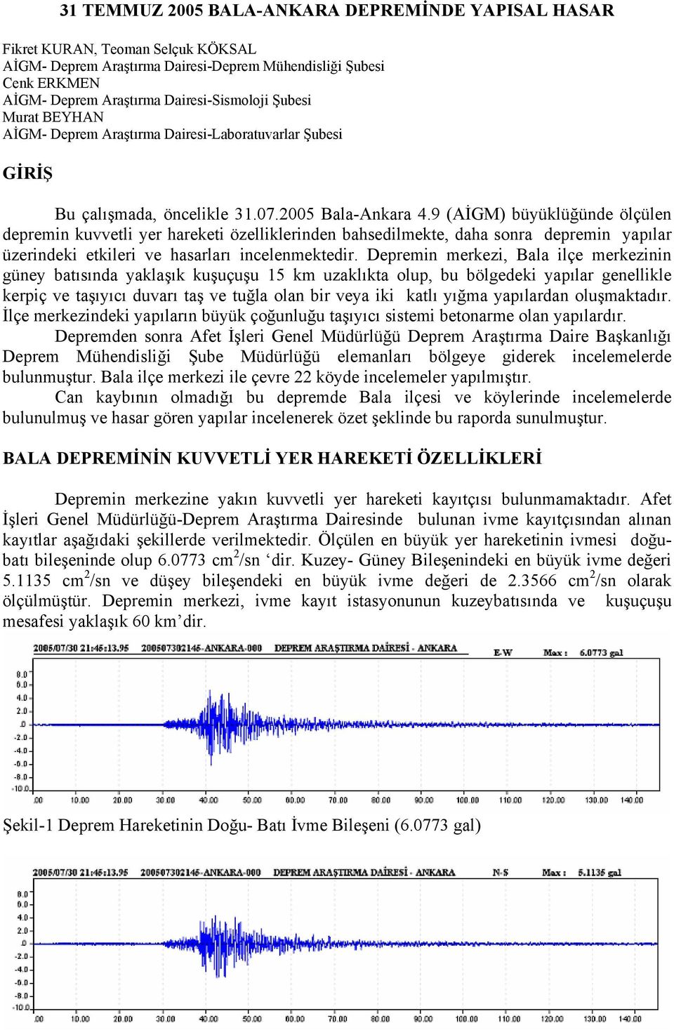 9 (AİGM) büyüklüğünde ölçülen depremin kuvvetli yer hareketi özelliklerinden bahsedilmekte, daha sonra depremin yapılar üzerindeki etkileri ve hasarları incelenmektedir.