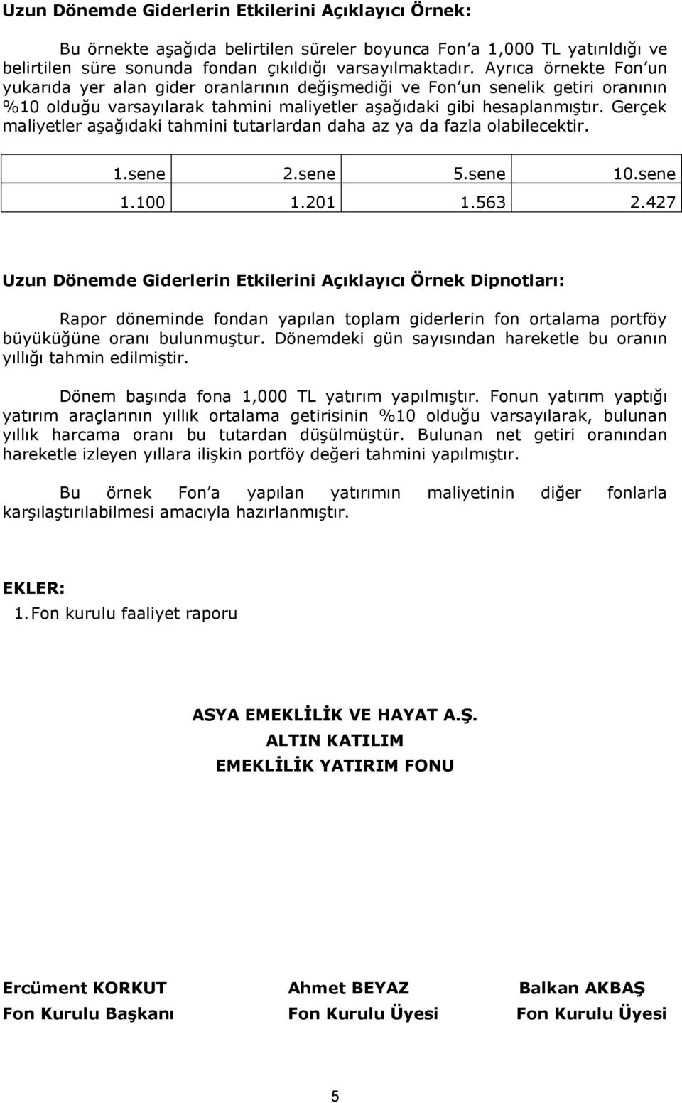 Gerçek maliyetler aşağıdaki tahmini tutarlardan daha az ya da fazla olabilecektir. 1.sene 2.sene 5.sene 10.sene 1.100 1.201 1.563 2.