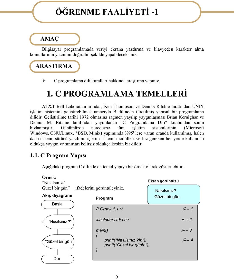 C PROGRAMLAMA TEMELLERİ AT&T Bell Laboratuarlarında, Ken Thompson ve Dennis Ritchie tarafından UNIX işletim sistemini geliştirebilmek amacıyla B dilinden türetilmiş yapısal bir programlama dilidir.