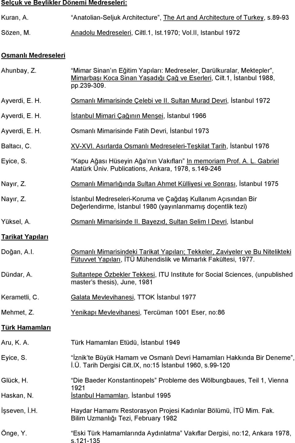 Ayverdi, E. H. Osmanlı Mimarisinde Çelebi ve II. Sultan Murad Devri, İstanbul 1972 Ayverdi, E. H. İstanbul Mimari Çağının Menşei, İstanbul 1966 Ayverdi, E. H. Osmanlı Mimarisinde Fatih Devri, İstanbul 1973 Baltacı, C.