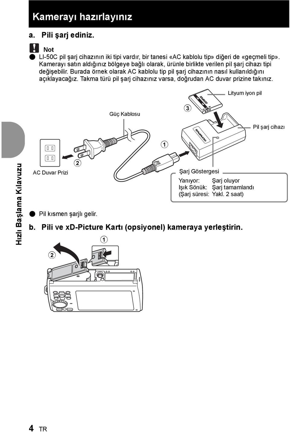 Burada örnek olarak AC kablolu tip pil şarj cihazının nasıl kullanıldığını açıklayacağız. Takma türü pil şarj cihazınız varsa, doğrudan AC duvar prizine takınız.