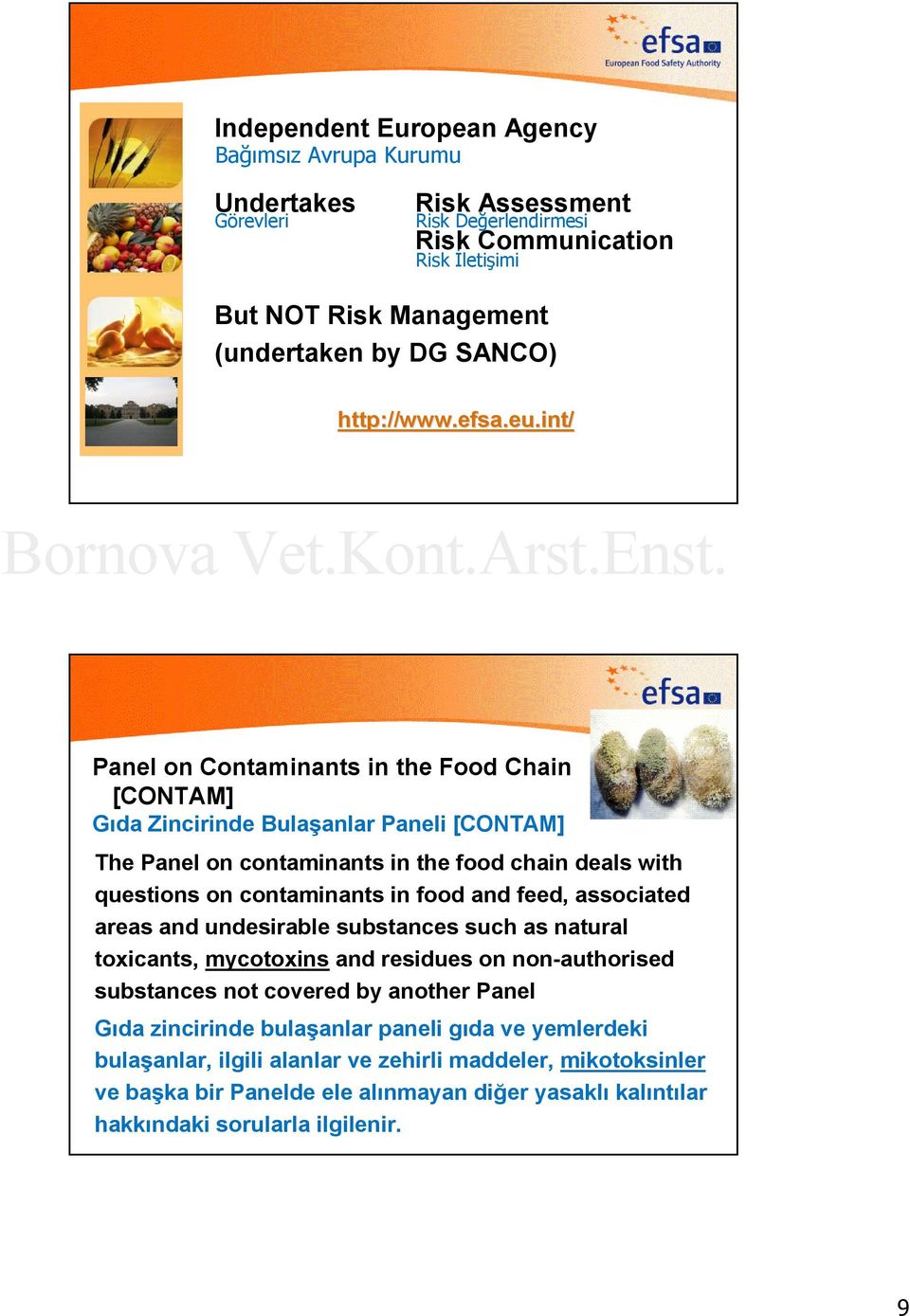 int/ Panel on Contaminants in the Food Chain [CONTAM] Gıda Zincirinde Bulaşanlar Paneli [CONTAM] The Panel on contaminants in the food chain deals with questions on contaminants in food and