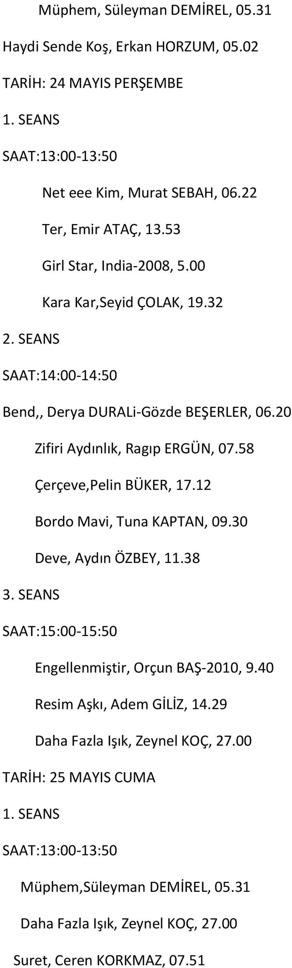 00 Kara Kar,Seyid ÇOLAK, 19.32 SAAT:14:00-14:50 Bend,, Derya DURALi-Gözde BEŞERLER, 06.